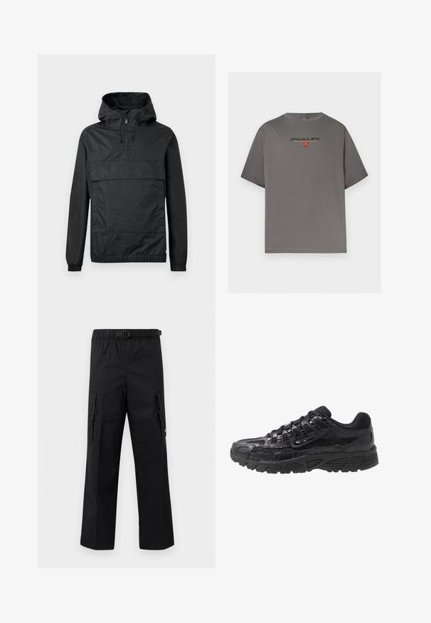 Chaqueta negra de moda con capucha, puños elásticos, un bolsillo frontal y cierre de media cremallera. Fabricada con material ligero y resistente al agua.; Camiseta gris de manga corta con "OAKLEY" y un pequeño gráfico rojo centrado en el pecho, mostrada sobre un fondo blanco liso.; Pantalones cargo negros con un diseño de pierna ancha, cintura ajustable con hebilla y dos bolsillos laterales para almacenamiento. Tejido ligero.; Zapatilla deportiva negra con parte superior de malla y sintético, superficie texturizada, diseño de cordones y suela de goma con patrón para tracción.