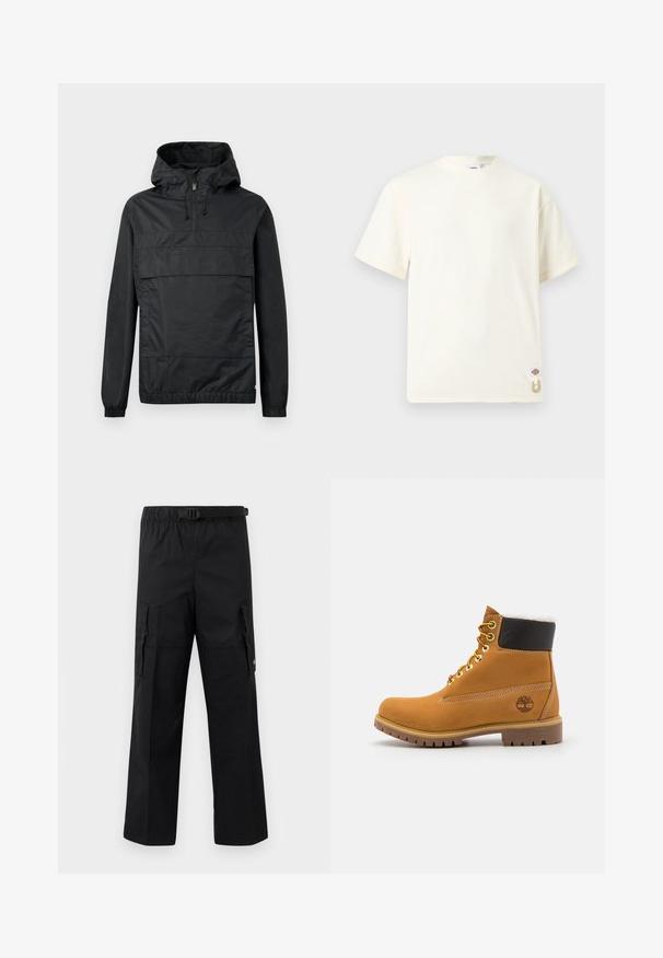 Sort pullover-jakke med hætte, elastiske manchetter, en frontlomme og halv-lynlås. Lavet af letvægts, vandafvisende materiale.; Enkelt off-white kortærmet bomuld T-shirt med rund hals, lille logomærke og beige snordetalje nær bundkanten.; Sorte cargo-bukser med bred ben-design, justerbar talje med spænde og to sidelommer til opbevaring. Letvægtsstof.; Brune læder ankelstøvle med metaløjer, hvid pelsforing, sort polstret krave, robust sål og præget logo på siden.