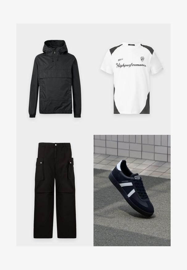Sort pullover-jakke med hætte, elastiske manchetter, en frontlomme og halv-lynlås. Lavet af letvægts, vandafvisende materiale.; Hvid kortærmet t-shirt med sorte accenter. Har "REPLAY FC" logoet og "Highperformance" teksten i en sporty skrift. Lavet af et glat materiale.; Sorte cargo-bukser lavet af blødt stof, med elastisk talje, sidedroplommer med klapper og en løs, lige ben-design.; Sort lædersneaker med hvide striber, tekstureret gummisål og snørrebånd foran. Har et brandet mærke på tungen.