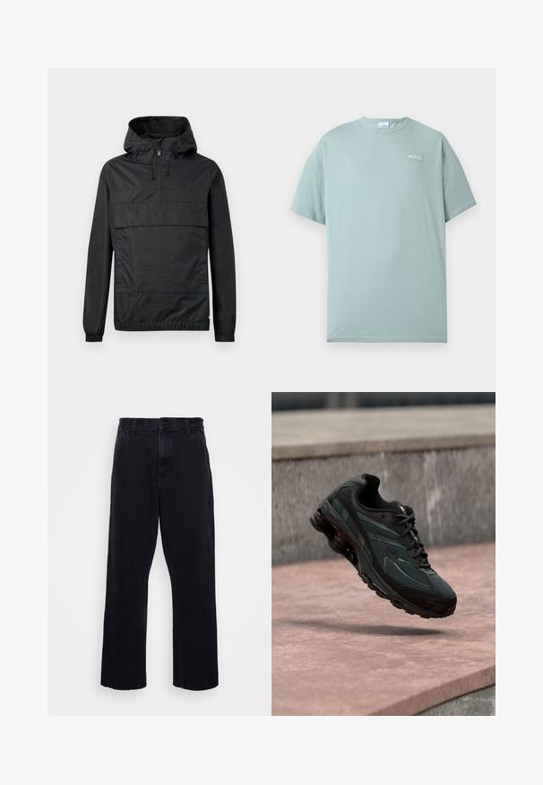 Zwart pullover jack met capuchon, elastische manchetten, een voorzak en een halve rits. Gemaakt van lichtgewicht, waterafstotend materiaal.; Lichtblauw T-shirt met korte mouwen en ronde hals, met een klein wit Columbia-logo op de linkerborst, tegen een effen witte achtergrond.; Zwarte denim broek met een rechte pijpdesign, voorzien van een knoop- en ritssluiting, riemlussen en minimale stikdetails.; Zwarte atletische sneaker met zichtbare luchtgeveerde tussenzool die boven een roze stenen oppervlak zweeft met een grijze stenen muur op de achtergrond.