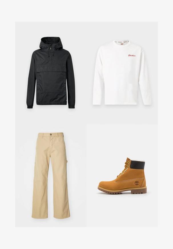 Zwart pullover jack met capuchon, elastische manchetten, een voorzak en een halve rits. Gemaakt van lichtgewicht, waterafstotend materiaal.; Wit shirt met lange mouwen en ronde hals, met een klein rood "Dickies" logo op de linkerborst en een merkgeborduurde kraagvoering.; Beige wijde cargo broek met een knoopsluiting, voorzien van zijzakken, gemaakt van stevig katoen, met een soepele textuur en een recht gesneden ontwerp.; Bruine leren enkellaars met metalen oogjes, witte faux bont voering, zwarte gewatteerde kraag, robuuste zool en een reliëflogo aan de zijkant.
