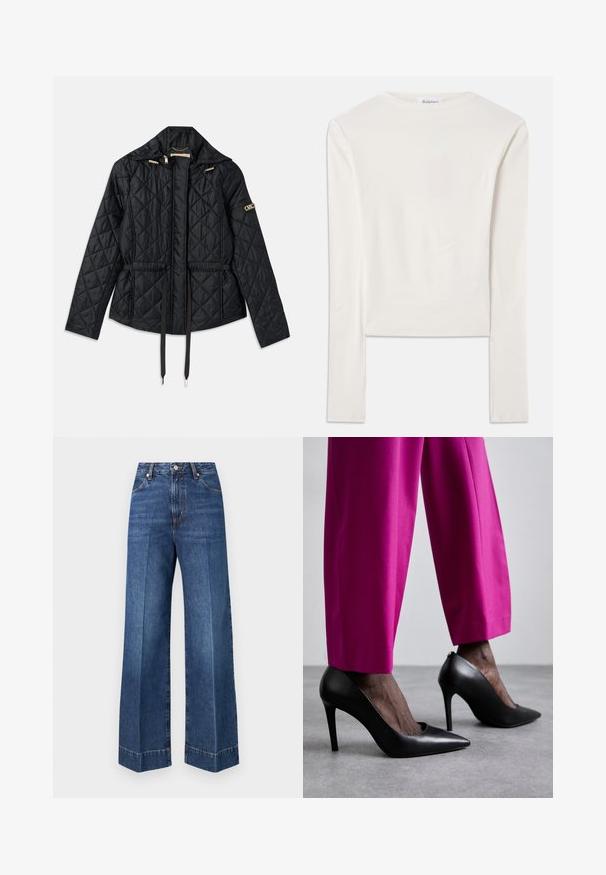 Chaqueta negra acolchada con capucha, que cuenta con una cintura ajustada, dos bolsillos frontales, detalles en dorado y cordones para ajuste.; Camiseta blanca de manga larga hecha de algodón, con un sencillo cuello redondo y un ajuste ceñido. La tela es suave con un ligero estiramiento.; Vaqueros azules de pierna ancha y cintura alta con bolsillos delanteros, cierre de botones y detalles de costura visibles sobre un fondo blanco liso.; Zapatos de tacón alto negros con un diseño de punta afilada y textura de cuero suave. Combinados con pantalones ajustados de un brillante color rosa.