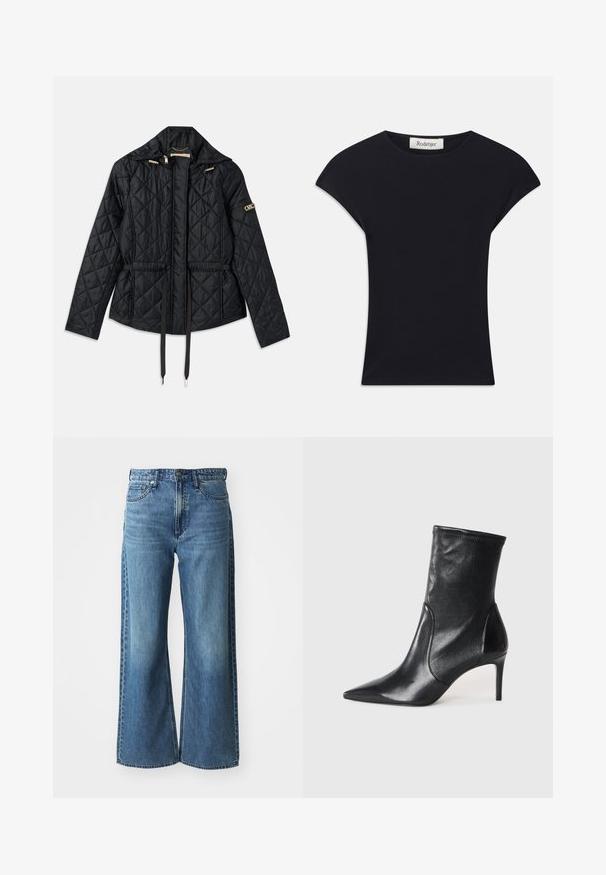 Veste noire matelassée avec capuche, dotée d'une taille cintrée, de deux poches avant, d'accents en matériel doré et de cordons de serrage pour l'ajustement.; Haut noir à manches courtes en tissu doux, avec un col rond et une coupe ajustée, ornée de légers accents d'épaule. Étiquette visible.; Jean en denim bleu à jambes larges avec une taille mi-haute, cinq poches et un léger dégradé. Caractéristiques : passants de ceinture et détails cousus.; Bottes noires à la cheville en cuir lisse, dotées d'un bout pointu, d'un tige ajustée et d'un talon haut fin. Design minimaliste sans quincaillerie visible.