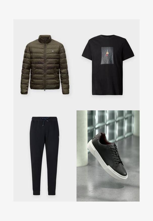 Doudoune matelassée vert olive avec col montant, fermeture éclair devant, deux poches latérales zippées et petit logo poitrine sur fond uni.; T-shirt en coton noir avec une image imprimée du Empire State Building la nuit, mettant en valeur des lumières colorées et un paysage urbain détaillé.; Pantalon de survêtement noir fuselé avec taille élastique et cordon de serrage bleu marine, doté de poignets côtelés et d'une petite étiquette logo sur le côté.; Baskets en cuir noir avec une semelle blanche épaisse, lacets noirs, flottant au-dessus d'un sol en béton gris près d'un mur en blocs de verre.