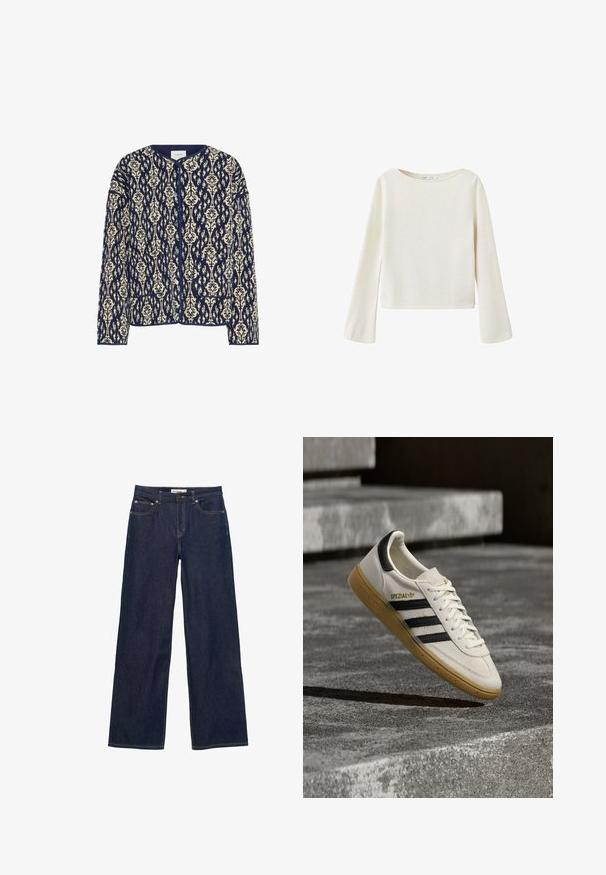 Marineblå og cremefarvet mønstret jakke med rund halsudskæring, knaplukning og to frontlommer; tekstureret stof med blomsterdesigns overalt.; Off-white langærmet sweater med bred rund halsudskæring og let udvidede ærmer, lavet af blødt strikket stof.; Mørkeblå denim jeans med brede, lige ben, forlommer og lukning med knap og lynlås.; Hvid Adidas Spezial sneaker med sorte striber og gummisål, svævende over grå stentrin udendørs.
