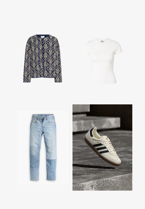 Marineblå og cremefarvet mønstret jakke med rund halsudskæring, knaplukning og to frontlommer; tekstureret stof med blomsterdesigns overalt.; Tæt siddende hvid t-shirt med korte ærmer og rund hals med Urban Classics mærke inde i halsudskæringen.; Lyseblå denimjeans med et unikt paneldesign med varierende nuancer og teksturer. Klassisk fem-lomme stil med lynlås.; Hvid Adidas Samba sneaker med sorte striber og gummsål, svævende over teksturerede grå betonstrin.