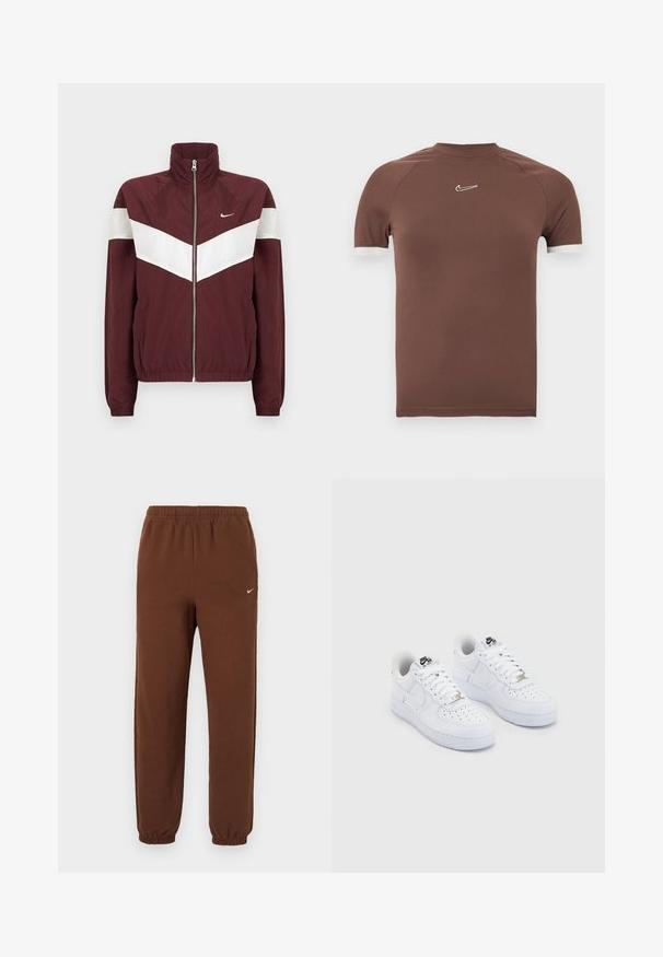 Bordový vetrovka s bielymi chevron pruhmi, vysokým golierom, predným zipsom, elastickými manžetami a spodným okrajom; logo Nike na ľavej hrudi.; Hnedá košeľa s krátkym rukávom z hladkej tkaniny, s vysokým golierom a bielymi prvkami na manžetách rukávov, s malým logom na hrudi.; Hnedé Nike tepláky s elastickým pásom a manžetami, s malým bielym logom Nike na hornej ľavej nohe.; Biele tenisky Nike Air Force 1 s hladkým koženým zvrškom, perforovanou špičkou, bielymi šnúrkami a čiernym logom na jazyku.