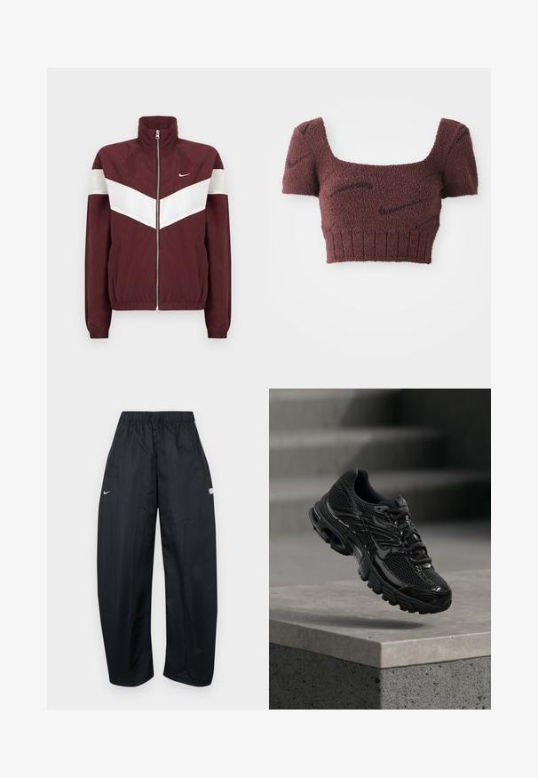 Bordeaux windbreakerjack met witte chevronstrepen, hoge kraag, ritssluiting aan de voorkant, elastische manchetten en zoom; Nike-logo op de linkerborst.; Mauve cropped top met een gestructureerde stof, vierkante halslijn, korte mouwen en geribde zoom, met subtiele donkere patronen door het geheel.; Zwarte, loszittende trainingsbroek gemaakt van lichtgewicht materiaal. Voorzien van een elastische tailleband, verstelbaar trekkoord en logo-accenten.; Zwarte Nike hardloopschoen met mesh en synthetische bovenkant die boven een betonnen oppervlak en trappen op de achtergrond zweeft.