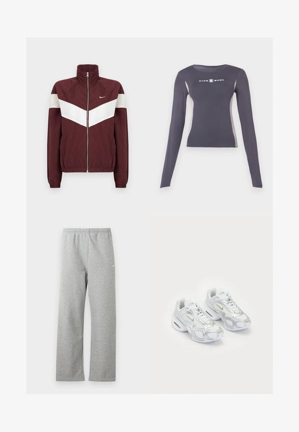 Bordeaux windbreakerjack met witte chevronstrepen, hoge kraag, ritssluiting aan de voorkant, elastische manchetten en zoom; Nike-logo op de linkerborst.; Donkergrijs langmouw sporttop dat aansluitend is, met lichtgrijze zijpanelen en een witte "Nike Shox" logo op de borst.; Lichtgrijze joggingbroek met elastische tailleband en een klein wit Nike-logo op het bovenbeen, plat liggend tegen een witte achtergrond.; Witte sportieve schoenen met een bovenwerk van mesh en zilveren accenten, in een unieke vorm en met luchtkussen in de hiel. Gespannen ontwerp met logo.