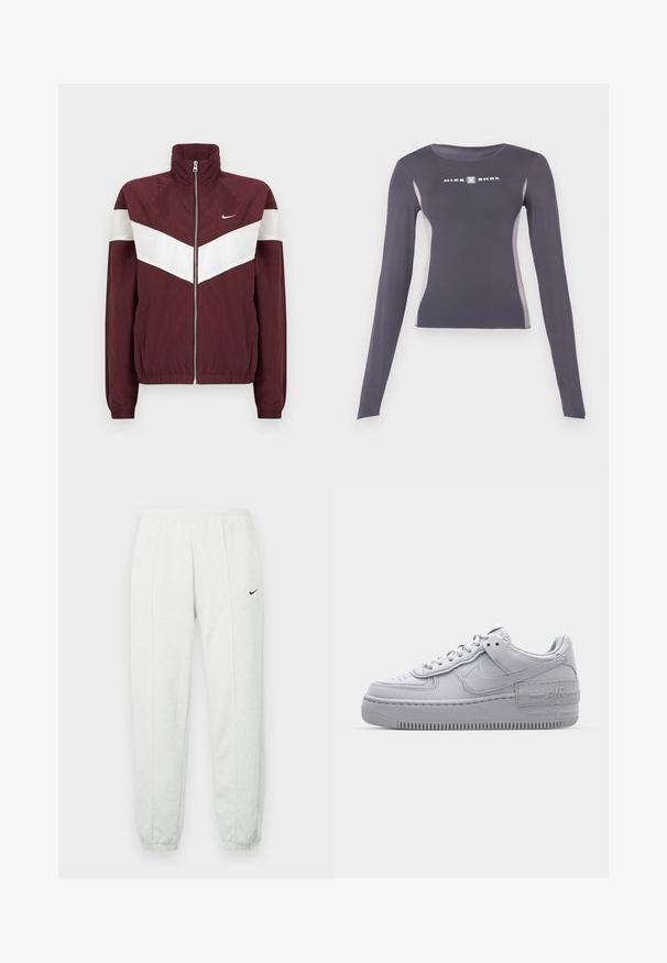 Bordový vetrovka s bielymi chevron pruhmi, vysokým golierom, predným zipsom, elastickými manžetami a spodným okrajom; logo Nike na ľavej hrudi.; Tmavošedý dlhý rukáv priliehavý športový top s svetlošedými bočnými panelmi a bielym logom "Nike Shox" na hrudi.; Svetlosivé tepláky Nike s elastickým pásom, zúženými lemami a malým čiernym logom na ľavom stehne. Mäkká, textúrovaná tkanina.; Šedé tenisky Nike Air Force 1 s perforovanou špičkou, hladkým koženým zvrškom, hrubou podrážkou a embosovaným detailom 'AIR' na päte.