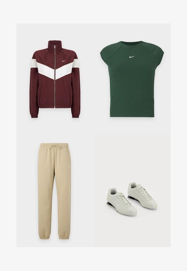 Bordeaux windbreakerjack met witte chevronstrepen, hoge kraag, ritssluiting aan de voorkant, elastische manchetten en zoom; Nike-logo op de linkerborst.; Donkergroen geribbelde sporttop met korte mouwen en ronde hals, voorzien van een klein wit Nike swoosh-logo op de borst.; Beige katoenen joggingbroek met elastische tailleband en trekkoord, voorzien van geribbelde boorden en een klein wit logo aan de linkerkant.; Witte Nike sneakers met een gestructureerde bovenkant, voorzien van een gladde neus en zwarte dempingaccenten. Vetersluiting met een versterkte hiel.