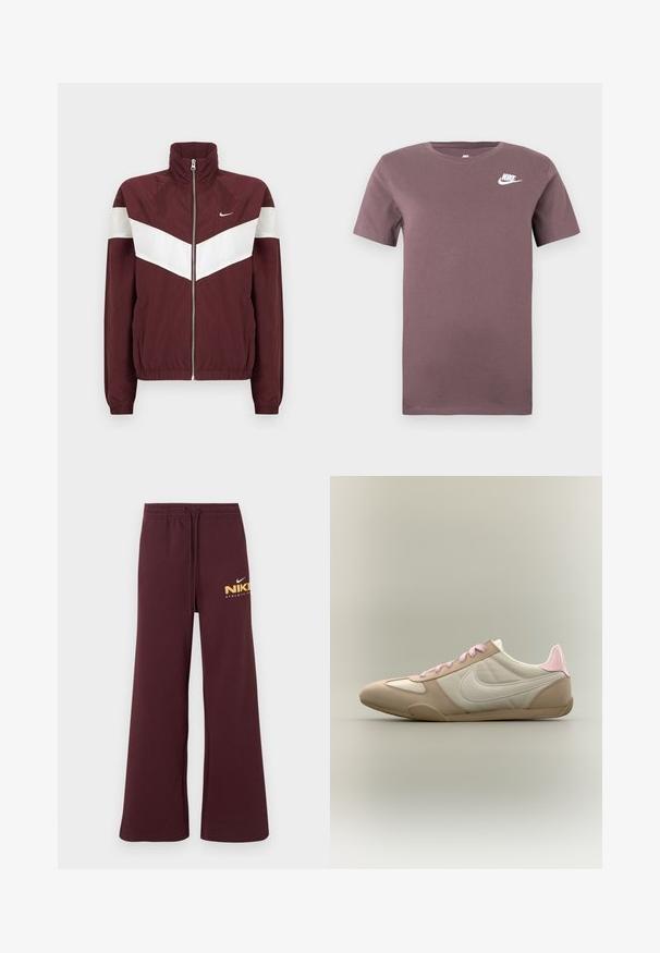 Bordauxfarbene Windbreaker-Jacke mit weißen Chevron-Streifen, hohem Kragen, Frontreißverschluss, elastischen Bündchen und Saum; Nike-Logo auf der linken Brust.; Lila Nike T-Shirt mit kurzen Ärmeln und Rundhalsausschnitt, mit weißem Nike-Logo auf der linken Brust vor einem einfarbigen Hintergrund.; Weinrote Sweatpants mit weitem Bein und Kordelzug in der Taille, versehen mit kleinem weißem und gelbem Nike-Logo sowie dem Schriftzug "Athletic Club" am rechten Oberschenkel.; Niedrig geschnittener beige-weißer Sneaker mit pinken Schnürsenkeln und Fersen-Akzent, zeigt das Nike-Logo an der Seite vor einem einfarbigen Hintergrund.