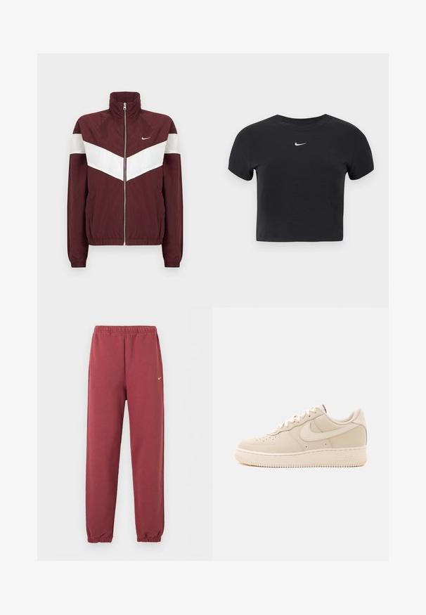 Bordeaux windbreakerjack met witte chevronstrepen, hoge kraag, ritssluiting aan de voorkant, elastische manchetten en zoom; Nike-logo op de linkerborst.; Zwart cropped t-shirt van katoen, met een ronde hals en korte mouwen. Opvallend wit Nike-logo op de borst.; Bordeaux elastische joggerbroek met klein wit Nike-logo op de rechterdij.; Lage beige Nike Air Force 1 sneaker met veterluiting en perforaties op de neus tegen een effen achtergrond.