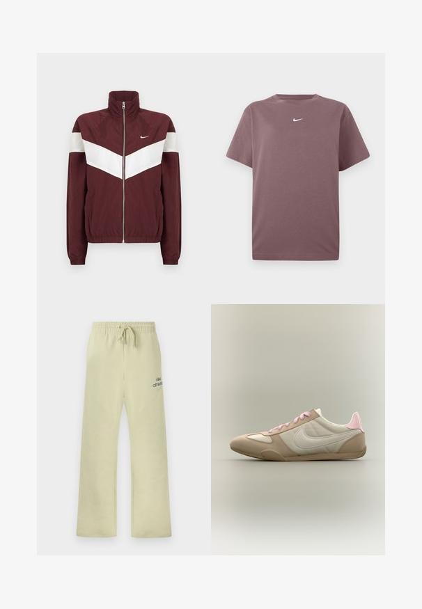 Bordový vetrovka s bielymi chevron pruhmi, vysokým golierom, predným zipsom, elastickými manžetami a spodným okrajom; logo Nike na ľavej hrudi.; Jednoduché fialové tričko s krátkym rukávom a okrúhlym výstrihom s malým bielym Nike swooshom umiestneným v strede hrude, zobrazené na bielom pozadí.; Béžové tepláky Nike s elastickým pásom, sťahovacou šnúrkou, voľným strihom a textom "nike athletics" so znakmi Swoosh na ľavom stehne.; Nízkoprofilová béžovo-biela teniska s ružovými šnúrkami a akcentom na päte, s logom Nike na boku na jednoduchom pozadí.