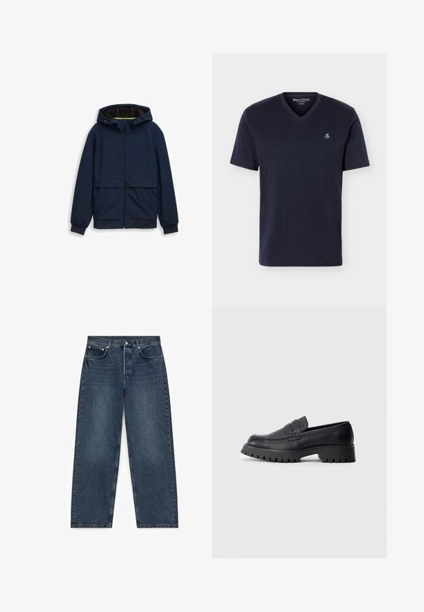 Veste à capuche bleu marine, dotée d'une fermeture éclair sur toute la longueur à l'avant, de deux poches avant, de bords côtelés aux poignets et d'une finition en tissu lisse et léger.; T-shirt bleu marine à manches courtes avec col en V et petit logo blanc "M OP" sur le côté gauche de la poitrine, coupe régulière, présenté sur fond blanc.; Jean en denim bleu foncé à jambes droites avec cinq poches et fermeture par boutons, étalé à plat sur un fond blanc.; Mocassins en cuir noir avec un bout arrondi, présentant une sangle décorative et une semelle en caoutchouc épaisse avec de profonds crampons pour une meilleure adhérence.