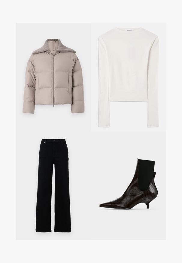 Marella GIANO - Doudoune - tortora; Haut à manches longues blanc en coton, dotée d'un col ras du cou simple et d'une coupe ajustée. Le tissu est lisse avec une légère élasticité.; Jeans noirs taille haute au design droit, en denim. Caractéristiques : passants de ceinture, poches avant et détail de bouton.; Bottine marron foncé pointue avec motif texturé, petit talon incurvé et empiècement latéral élastique noir, présentée sur fond blanc.