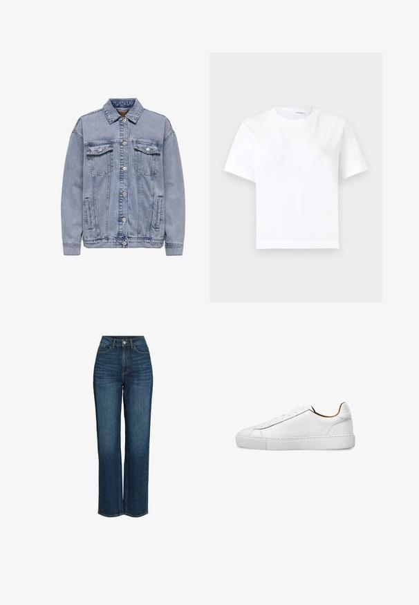 Lys blå denimjakke med knaplukning, to brystlommer og sidelommer. Klassisk krave og ribbede manchetter.; Hvid kortærmet bomuld t-shirt med rund halsudskæring og lige kant, vist på en hvid baggrund.; Mørkeblå højtaljede jeans med bred ben-design, lavet af denim, med forreste lommer og en knaplukning med lynlås.; Hvid lavtop lædersneaker med rent design, rund tå og flad gummisål vist i profil.