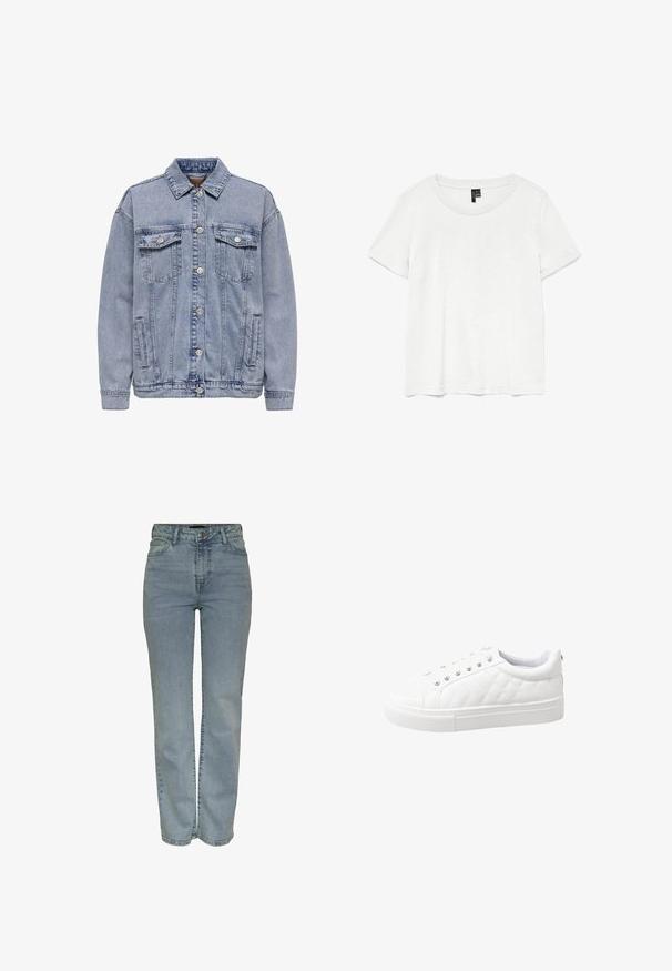 Helles blaues Jeansjacke mit Knopfleiste, zwei Brusttaschen und Seitentaschen. Klassischer Kragen und gerippte Bündchen.; Weißes T-Shirt mit kurzen Ärmeln und rundem Ausschnitt, hergestellt aus leichtem Stoff. Schlichtes Design, glatte Textur und gerader Saum.; Helle blaue High-Waist-Jeans mit geradem Bein, mit vorderem Knopf- und Reißverschluss, fünf Taschen und Gürtelschlaufen.; Weiße Sneakers mit einem glatten, glänzenden Synthetik-Obermaterial, Diamantmuster, Schnürung vorne, runder Zehenpartie und strukturiertem Gummisohle.