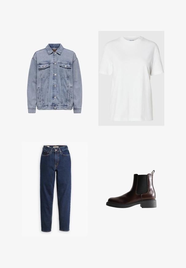 Lys blå denimjakke med knaplukning, to brystlommer og sidelommer. Klassisk krave og ribbede manchetter.; Hvid bomuld t-shirt med korte ærmer og rund halsudskæring. Har en afslappet pasform og et minimalistisk design uden mønstre eller accenter.; Mørkeblå denimjeans med høj talje, femlommedesign og lige ben. Kontrastsyninger og knaplukning.; Brune læder ankelstøvle med elastiske sidepaneler, rund tå og en struktureret sort gummisål. Har kontrasterende syninger og en trækflap.