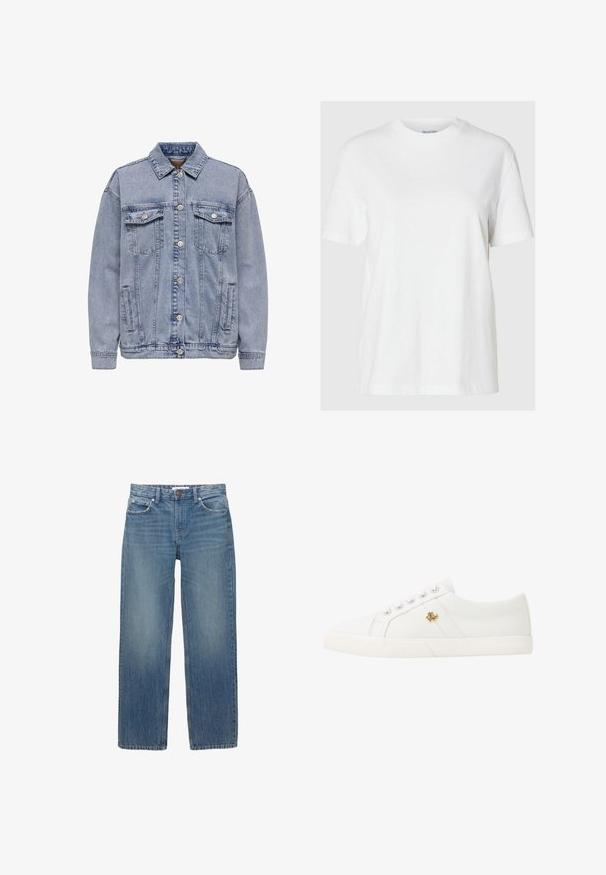 Helles blaues Jeansjacke mit Knopfleiste, zwei Brusttaschen und Seitentaschen. Klassischer Kragen und gerippte Bündchen.; Weißes Baumwoll-T-Shirt mit kurzen Ärmeln und rundem Ausschnitt. Hat eine lockere Passform und ein minimales Design ohne Muster oder Akzente.; Hellblaue Jeans aus Denim mit geradem Schnitt, fünf Taschen und Beschlägen in Kupferfarbe. Der Stoff hat eine leichte Ausbleichung und eine glatte Textur.; Lauren Ralph Lauren JANSON II CANVAS SNEAKER - Sneaker low - optic white
