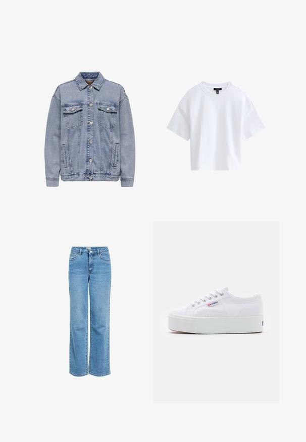 Helles blaues Jeansjacke mit Knopfleiste, zwei Brusttaschen und Seitentaschen. Klassischer Kragen und gerippte Bündchen.; Schlichtes weißes kurzärmeliges Cropped-T-Shirt mit rundem Ausschnitt und schwarzem Markenlabel innen im Kragen.; Hellblaue Jeans mit weitem Bein aus Denim, mit hoher Taille, Vordertaschen und Knopfverschluss. Klassisches Fünf-Taschen-Design.; Weiße Leinenschuhe mit einer dicken weißen Plattformsohle, runder Zehenpartie und Metallösen für die Schnürsenkel. Markenlogo an der Seite angebracht.