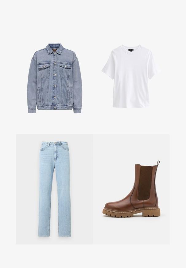 Lichtblauwe denimjasje met een knopenfront, twee borstzakken en zijzakken. Klassieke kraag en geribde manchetten.; Effen wit T-shirt met korte mouwen en ronde hals met een zwart kledinglabel aan de binnenkant van de kraag op een witte achtergrond.; Lichtblauwe rechte spijkerbroek met voorzakken, riemlussen en een knoop- en ritssluiting.; Bruine leren enkelboot met elastische panelen en een trekomed. Kenmerkt zich door een robuuste rubberen zool en zichtbare stiksels langs de randen.