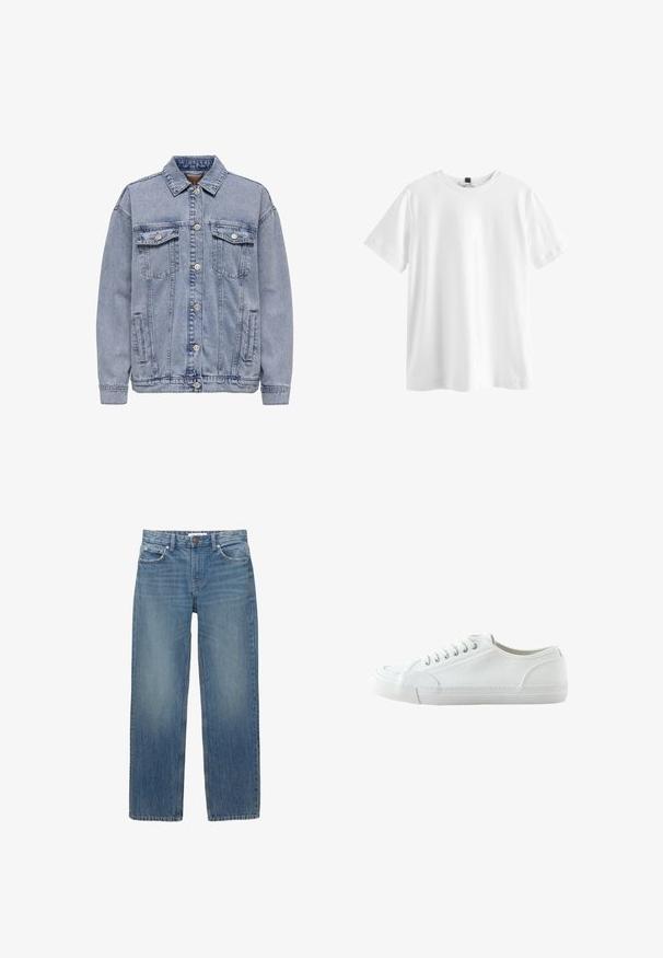 Lys blå denimjakke med knaplukning, to brystlommer og sidelommer. Klassisk krave og ribbede manchetter.; Simpel hvid kortærmet t-shirt med rund hals og sort mærke indeni kraven, vist fladt på en hvid baggrund.; Lysblå denimjeans med lige snit, fem lommer og hardware i kobberfarve. Stoffet har en let falmning og en glat tekstur.; Hvid lavtop canvas-sneaker med snørebånd foran, gummisål og struktureret tåhætte, vist fra ydersiden mod en hvid baggrund.