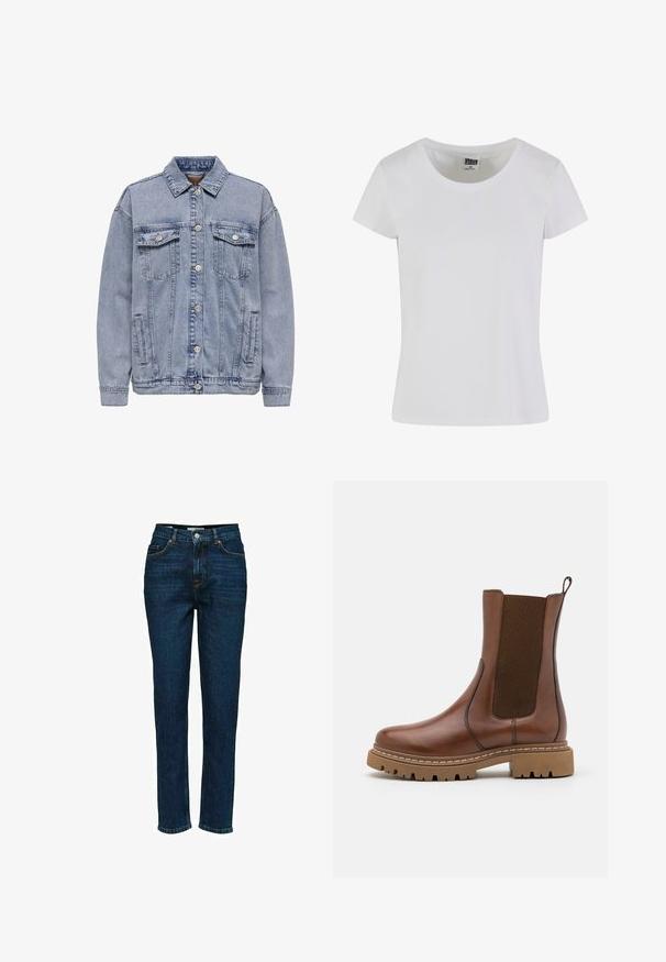 Lys blå denimjakke med knaplukning, to brystlommer og sidelommer. Klassisk krave og ribbede manchetter.; Hvid, kortærmet t-shirt lavet af bomuld. Har en rund halsudskæring og en tætsiddende form. Lappen læser "URBAN CLASSICS."; Mørkeblå denim jeans med høj talje og lige ben, med standard forlommer og lynlås til åbning med en enkelt knaplukning.; Brune læder ankelstøvle med elastiske paneler og en trækflap. Har en kraftig gummisål og synlige stikninger langs kanterne.