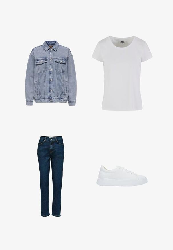 Helles blaues Jeansjacke mit Knopfleiste, zwei Brusttaschen und Seitentaschen. Klassischer Kragen und gerippte Bündchen.; Weißes T-Shirt mit kurzen Ärmeln aus Baumwolle. Mit einem runden Ausschnitt und einer taillierten Form. Das Etikett trägt die Aufschrift "URBAN CLASSICS."; Dunkelblaue High-Waist-Jeans aus Denim mit geradem Bein, ausgestattet mit standardmäßigen Fronttaschen und einem Reißverschluss mit einer einzelnen Knopfverschluss.; Weiße Leder-Sneaker mit runder Zehenpartie, flachen Schnürsenkeln und einer dicken Gummisohle. Glatte Oberfläche mit minimalen Nähdetails.