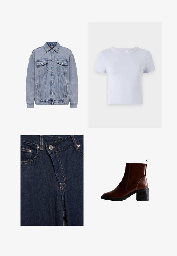 Lys blå denimjakke med knaplukning, to brystlommer og sidelommer. Klassisk krave og ribbede manchetter.; Lyseblå kortærmet t-shirt med rund hals, lavet af blødt stof; har en tætsiddende pasform og diskrete syninger.; Nærbillede af mørkeblå denimjeans foran med metalknap, lynlås, forlommer og orange syningsdetaljer.; Brun læder ankelstøvle med firkantet tå og sidesøm, en 7,5 cm stablet hæl og en trækflap bagpå for nem påtagning.