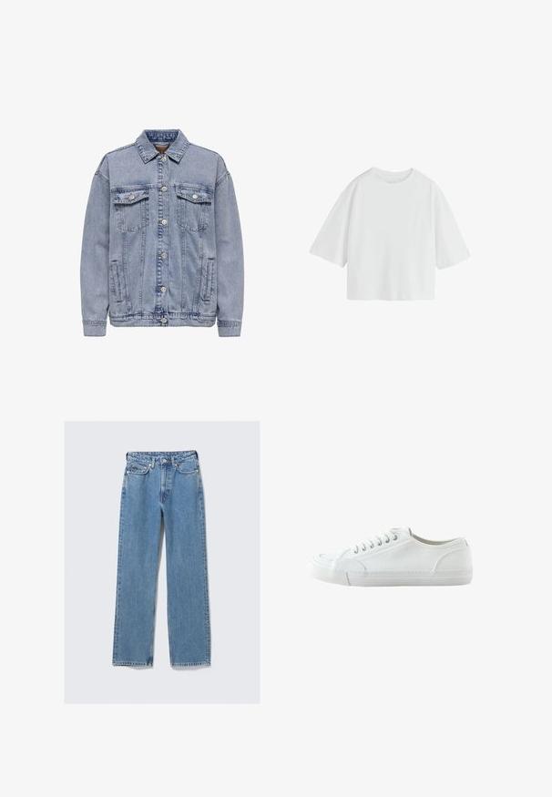 Svetlo modrá deniminová bunda s zapínaním na gombíky, dvoma náprsnými vreckami a bočnými vreckami. Klasický golier a rebrované manžety.; Jednoduché biele oversized tričko s krátkym rukávom, okrúhlym výstrihom a voľným strihom.; Modré džínsové rifle s vysokým pásom a rovnými nohavicami, s predným zapínaním na gombíky, zipsom, pútkami na opasok a dizajnom s piatimi vreckami na jednoduchom svetlom pozadí.; Biela nízka plátenná teniska so šnurovaním vpredu, gumovou podrážkou a textúrovanou špičkou, zobrazená z vonkajšej strany na bielom pozadí.