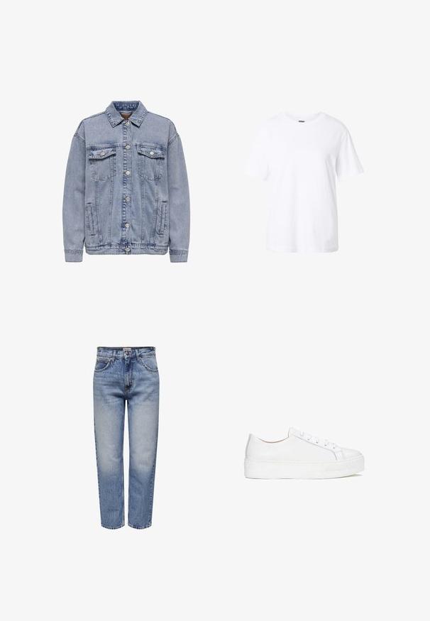 Lys blå denimjakke med knaplukning, to brystlommer og sidelommer. Klassisk krave og ribbede manchetter.; Enkelt hvid t-shirt med korte ærmer og rund hals, afslappet pasform og lille label inde i kraven.; Lys blå denim jeans med loose fit, fem lomme-design, knaplukning og slidte områder for et vintage look. Lige ben skæring.; Hvide lædersneakers med en glat overflade, rund tå og flad sål. Har snørebåndslukning og diskrete syninger.