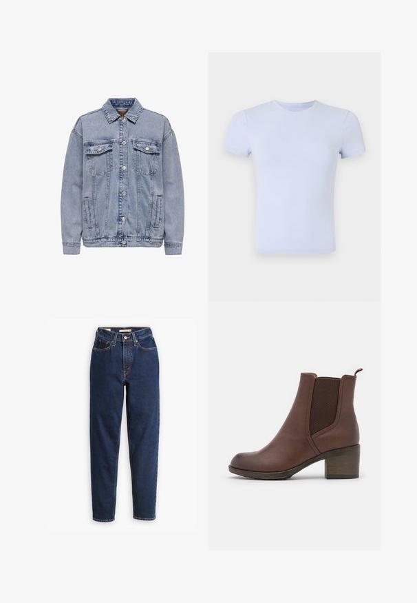 Lys blå denimjakke med knaplukning, to brystlommer og sidelommer. Klassisk krave og ribbede manchetter.; Good American SUPER STRETCH BABY TEE - T-shirts basic - periwinkle; Mørkeblå denimjeans med høj talje, femlommedesign og lige ben. Kontrastsyninger og knaplukning.; Brun læder ankelstøvle med en glat finish, elastiske sidepaneler, en rund tå og en moderat træhæl.