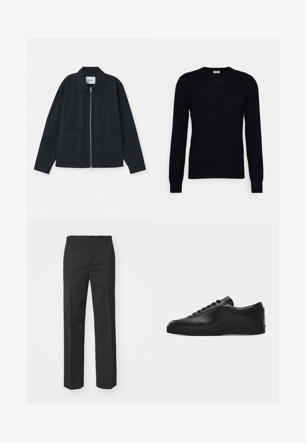 Black jacket made from smooth fabric, featuring a front zipper, large pockets, and a classic collar design. No patterns or accents visible.; Black long-sleeve sweater made from soft knit material. Round neckline, ribbed cuffs and hem. Minimalist design with no visible patterns or buttons.; Filippa K TROY TROUSERS - Trousers - black; Black low-top leather sneaker with lace-up front and flat rubber sole, shown from the side on a plain white background.