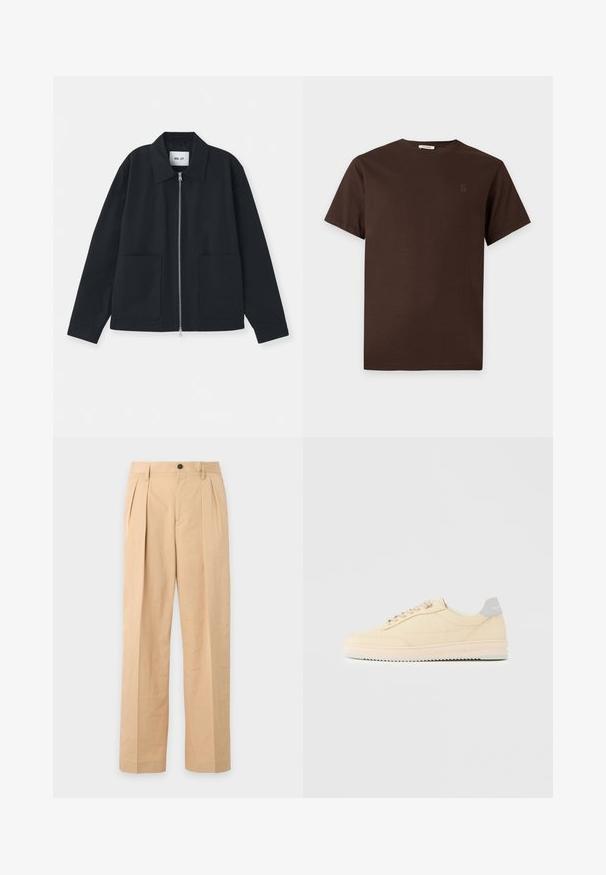 Schwarze Jacke aus glattem Stoff, mit einem Frontreißverschluss, großen Taschen und einem klassischen Kragendesign. Keine Muster oder Akzente sichtbar.; Braunes kurzärmeliges Baumwoll-T-Shirt mit Rundhalsausschnitt und dezent besticktem Logo auf der linken Brust, präsentiert auf weißem Hintergrund.; Beige plissierte Hose mit Knopf- und Reißverschluss, Gürtelschlaufen und geraden, weiten Beinen.; Beiger Sneaker in niedrigem Design mit Schnürverschluss vorne, hellrosa Sohle und grauem Fersenlasche mit der Marke "Filling Pieces", seitlich auf neutralem Hintergrund gezeigt.