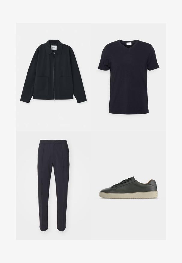 Veste noire en tissu lisse, avec une fermeture éclair à l'avant, de grandes poches et un design de col classique. Aucun motif ni accent visible.; T-shirt noir à col en V en coton, doté de manches courtes et d'une coupe décontractée. Design simple, sans motifs ni accents supplémentaires.; Pantalons navy avec une coupe ajustée, devant plat et deux plis sur le devant. Fabriqués en tissu lisse avec une taille standard et une fermeture à bouton.; Baskets basses en cuir noir avec lacets noirs et semelle en caoutchouc écrue, vues de côté extérieur sur fond blanc.