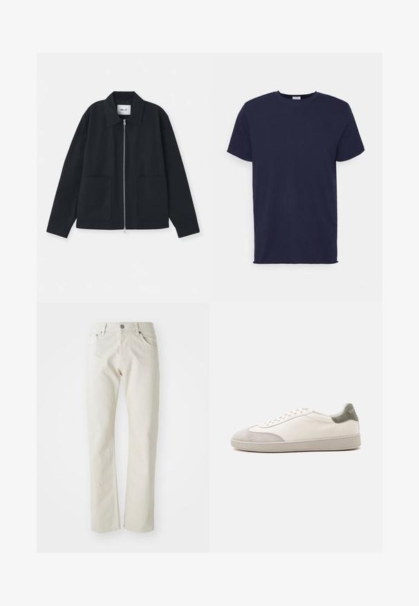 Black jacket made from smooth fabric, featuring a front zipper, large pockets, and a classic collar design. No patterns or accents visible.; Navy blue short-sleeve t-shirt made from soft fabric. Features a crew neck and a straight cut with no patterns or accents.; Light beige jeans made of cotton, featuring a straight leg design, five-pocket styling, and a silver metal button closure.; White low-top sneaker with light gray suede toe and heel accents, white laces, and a flat beige sole, shown from the outer side.
