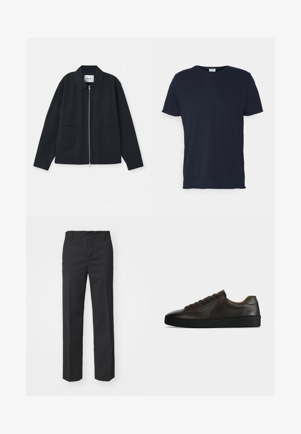 Veste noire en tissu lisse, avec une fermeture éclair à l'avant, de grandes poches et un design de col classique. Aucun motif ni accent visible.; T-shirt en coton bleu marine avec un col rond et des manches courtes, présentant une texture lisse et un design simple, sans motifs ni accents visibles.; Filippa K TROY TROUSERS - Pantalon classique - black; Baskets basses en cuir marron foncé avec semelle en caoutchouc noire, lacets à l'avant et design minimaliste épuré sur fond clair.