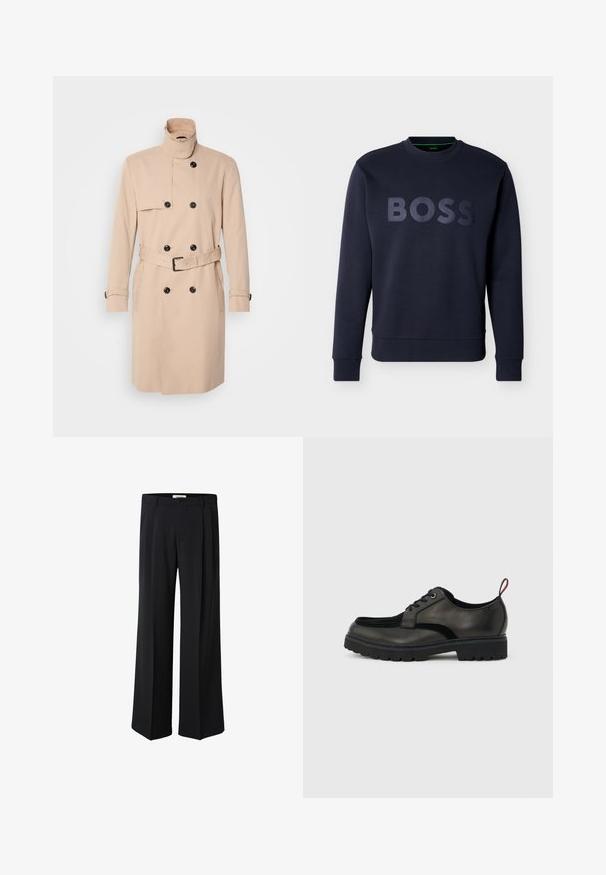 Beige trenchcoat met hoge kraag, dubbele knoopsluiting, zwarte knopen en een ceintuur in de taille. Glad materiaal met lange mouwen.; Donkerblauwe sweatshirt met lange mouwen, geribbelde manchetten en zoom, met verhoogde "BOSS"-letters over de borst.; Zwarte wijde pantalon met zoom, voorzien van een knoopsluiting aan de voorkant, ritssluiting, riemlussen en subtiele plooien aan de voorkant.; Zwarte leren veterboot met dikke, getande zool en rode trekband aan de hiel, weergegeven in zijprofiel op een lichtgrijze achtergrond.