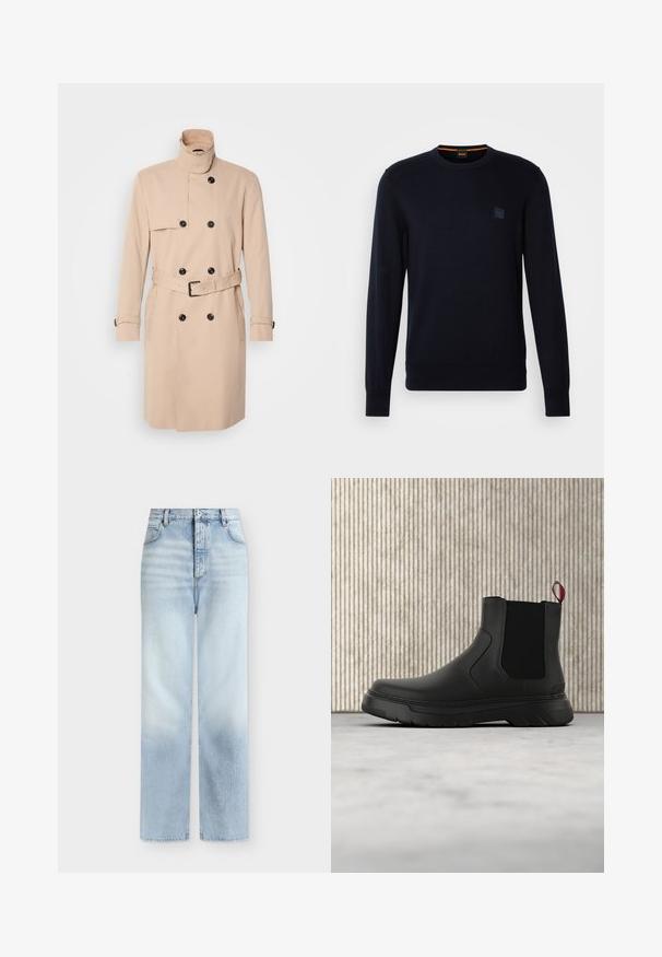 Beige trenchcoat med høj krave, dobbeltkrøs design, sorte knapper og bælte i taljen. Glat stof med lange ærmer.; Marineblå strikket trøje med lange ærmer, rund halsudskæring, ribbede manchetter og kant, med et lille firkantet logo-patch på brystet.; Lyseblå, højtaljede jeans med rette ben, forlommer, bæltestropper og knaplukning.; Sort ankelstøvle med en glat overflade, elastiske sidepaneler og en kontrasterende rød træksløjfe, der har en tyk gummisål og rund tå.