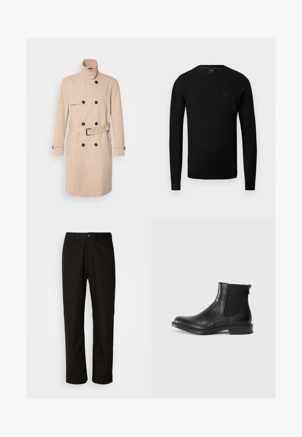 Beige trenchcoat med høj krave, dobbeltkrøs design, sorte knapper og bælte i taljen. Glat stof med lange ærmer.; Sort herrestriktrøje med rund hals, lange ærmer og diskret struktur på skuldrene samt "BOSS"-logo på venstre bryst.; Sorte bomuldsbukser med lige pasform, bæltestropper, lynlås foran og en enkelt knappelukning. Glat tekstur uden synlige mønstre.; Sort læder Chelsea-støvle med elastiske sidepaneler, afrundet tå og lav, stablet hæl. Har en rød løftestrop og subtil branding på siden.