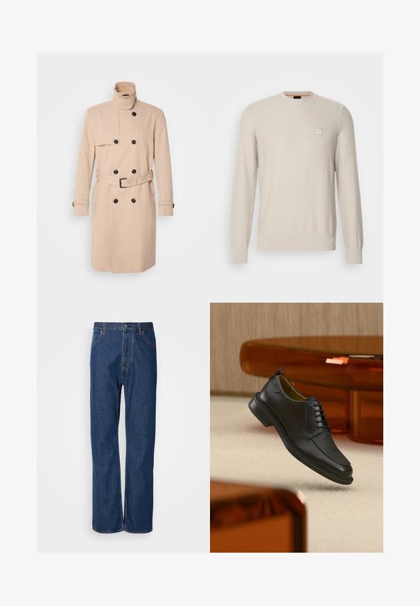 Beige trenchcoat med høj krave, dobbeltkrøs design, sorte knapper og bælte i taljen. Glat stof med lange ærmer.; Lys beige sweater lavet af struktureret stof. Har en rund hals, lange ærmer og et lille firkantet logo på brystet.; Blå denim jeans med lige ben, der har en knaplukning, fem lommer og kontraststikninger langs sømmene.; Sort lædersko med snørebånd og tekstureret front, svævende over beige tæppe i et moderne rum med møbler i ravfarvet toning.