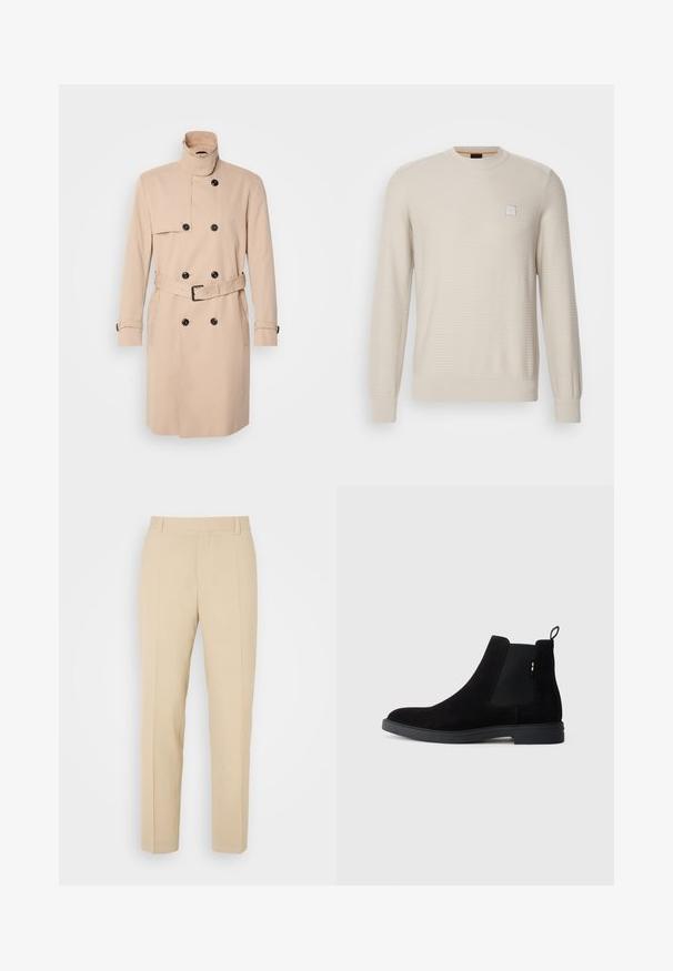 Beige trenchcoat met hoge kraag, dubbele knoopsluiting, zwarte knopen en een ceintuur in de taille. Glad materiaal met lange mouwen.; Lichtbeige sweater van gestructureerde stof. Heeft een ronde hals, lange mouwen en een klein vierkant logo op de borst.; Beige op maat gemaakte broek met een recht gesneden ontwerp, gemaakt van lichtgewicht stof, met twee voorzakken en nette, geplooide vouwen.; Zwarte suède Chelsea laarzen met elastische zijpanelen, ronde neus en een lage rubberen zool. Beschikt over een trekband aan de achterkant voor eenvoudig aan- en uittrekken.