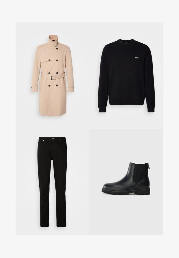 Beige trenchcoat met hoge kraag, dubbele knoopsluiting, zwarte knopen en een ceintuur in de taille. Glad materiaal met lange mouwen.; Zwarte langwerpige crewneck trui met klein wit 'BOSS' logo op de linker borst, geribde mouwen en zoom, gepresenteerd tegen een witte achtergrond.; Zwarte rechtvallende spijkerbroek met knoop- en ritssluiting aan de voorkant, voor- en achterzakken, getoond op een effen lichte achtergrond.; Zwarte leren enkellaars met elastische zijkanten, ronde neus en een robuuste rubberen zool met diepe profielen voor grip.