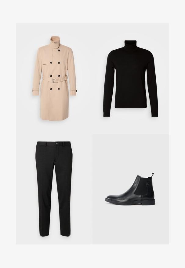 Beige trenchcoat met hoge kraag, dubbele knoopsluiting, zwarte knopen en een ceintuur in de taille. Glad materiaal met lange mouwen.; Zwarte coltrui van fijn gebreide stof, met lange mouwen en een getailleerde pasvorm. Gladde textuur met geribbelde manchetten.; Zwarte broeken gemaakt van een gladde stof. Ze hebben een rechte snit, een vlakke voorkant en een knoopsluiting met een eenvoudig taillebandontwerp.; Zwarte leren Chelsea-boots met elastische zijpanelen, een treklipje en een vlakke rubberen zool. Gladde textuur met minimale details.