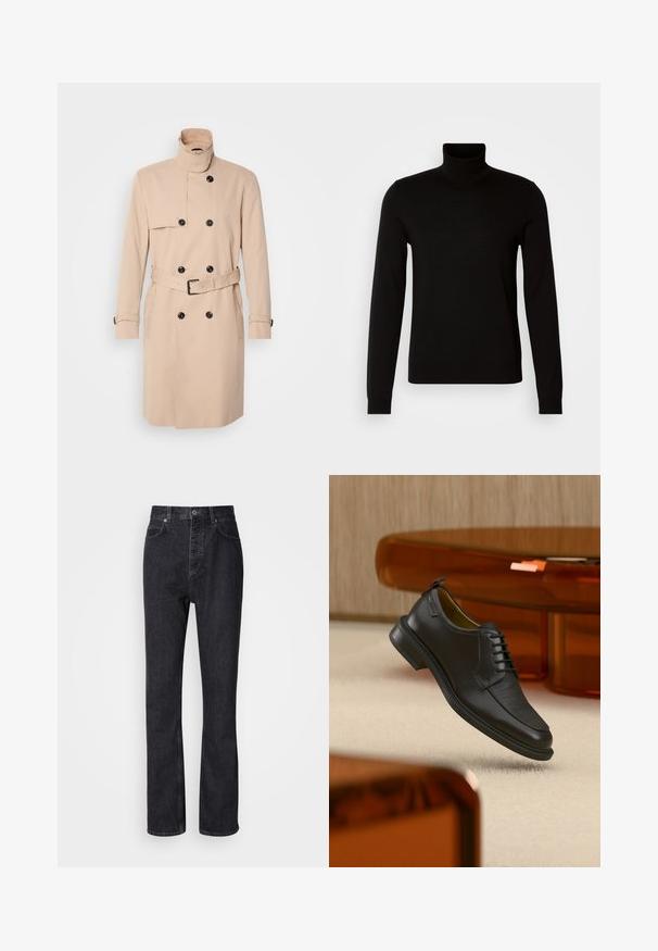 Beige trenchcoat met hoge kraag, dubbele knoopsluiting, zwarte knopen en een ceintuur in de taille. Glad materiaal met lange mouwen.; Zwarte coltrui van fijn gebreide stof, met lange mouwen en een getailleerde pasvorm. Gladde textuur met geribbelde manchetten.; Hoge taille zwarte denim jeans met een knoop- en ritssluiting, voor- en achterzakken en een rechte pasvorm.; Zwarte leren veterschoen in de stijl van een nette schoen met een gestructureerd vooraanzicht, zwevend boven een beige tapijt in een moderne kamer met amberkleurige meubelen.