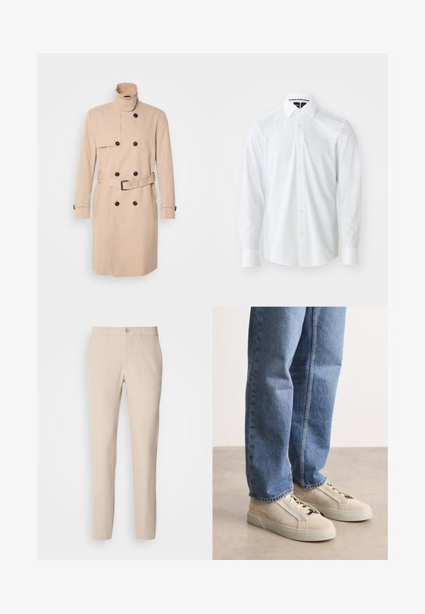 Beige trenchcoat med høj krave, dobbeltkrøs design, sorte knapper og bælte i taljen. Glat stof med lange ærmer.; Hvid langærmet skjorte med en struktureret krave, der har et subtilt teksturmønster, knaplukning og afrundet kant.; Beige bukser lavet af blødt stof, med knaplukning, lige snit og sidelommer. Glat tekstur med minimale syninger.; BOSS GARYTENN_SDHDEL - Sneakers - natural ten