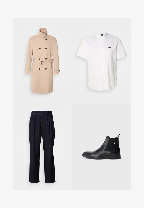 Gabardina beige con cuello alto, diseño de doble botonadura, botones negros y cinturón en la cintura. Tela suave con mangas largas.; Polo de manga corta blanco hecho de algodón, con diseño de botones, cuello clásico y logo negro "BOSS" en el pecho.; Jeans de mezclilla de pierna ancha en un tono azul oscuro, con pliegues frontales y costuras naranjas, presentados sobre fondo blanco.; Botines Chelsea de cuero negro con paneles elásticos laterales, una pestaña para tirar y una suela de goma plana. Textura suave con un detalle mínimo.