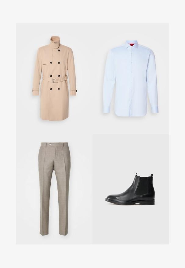 Beige trenchcoat med høj krave, dobbeltkrøs design, sorte knapper og bælte i taljen. Glat stof med lange ærmer.; Lyseblå langærmet skjorte med knapper, spredt krave, rund kant og hvide knapper. Glat stof med en subtil glans.; Beige skræddersyede bukser med en tekstureret overflade, der har en knaplukning og to sidelommer. Struktureret design med et lige ben-silhuet.; Sorte læder Chelsea støvler med elastiske sidepaneler, rund tå, trækstrop og en lav blokhæl. Glat tekstur og minimalistisk design.