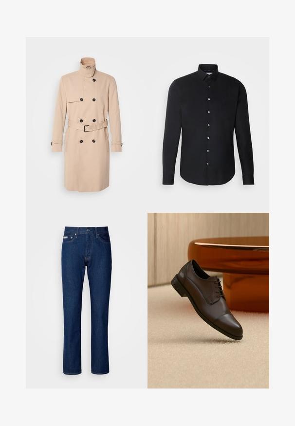 Beige trenchcoat met hoge kraag, dubbele knoopsluiting, zwarte knopen en een ceintuur in de taille. Glad materiaal met lange mouwen.; Zwarte longsleeve shirt met een button-down kraag, frontknopen, rechte zoom en een gladde textuur; subtiele branding op de borst.; Donkerblauwe spijkerbroek met een rechte pijpdesign, voorzien van een rits en knoopsluiting, vijf zakken en subtiele stikseldetails.; Donkerbruine leren Oxfordschoen met cap-toe zwevend boven een beige tapijt, met een amberkleurige ovale salontafel op de achtergrond.